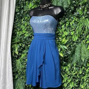 AIDAN MATTOX Dress Women 6 Teal Silver Sequin Strapless Pleated Tiered Mini 2810